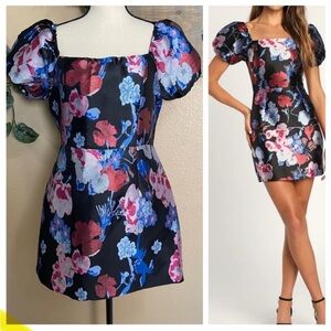 Lulus So Stunning Black Multi Floral Jacquard Puff Sleeve Mini Dress